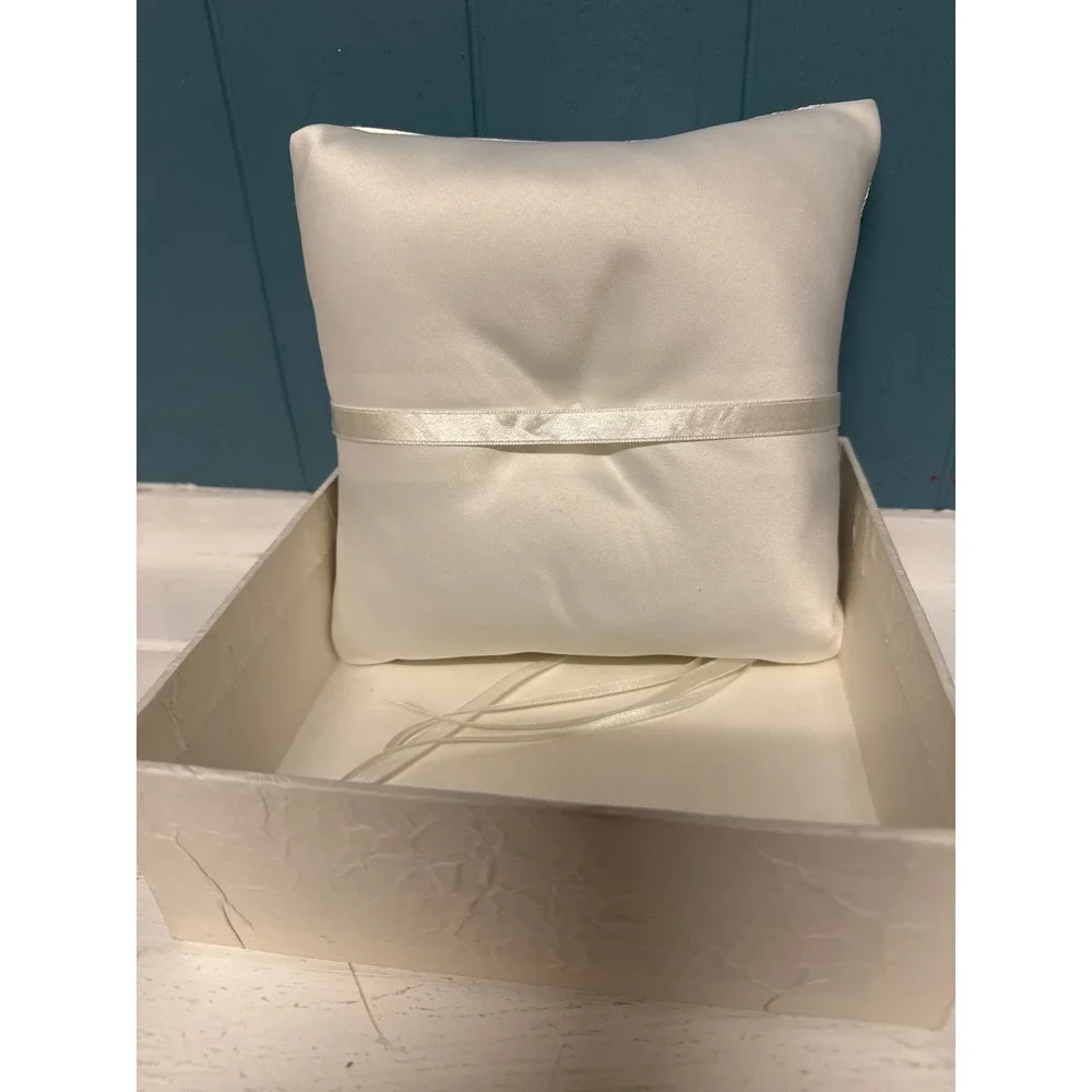 ivory Satin Ring Bearer Pillow taupe‎ embroidered Floral Rhinestone Bow Wedding